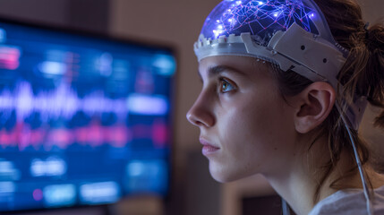 Student wearing a brain computer interface headset for cognitive research and neural activity monitoring in a modern educational laboratory