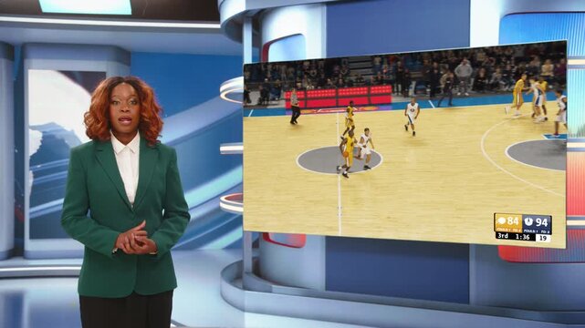 Edited Montage of Sport News: Black Female Presenter Comments on Basketball Championship Recap in TV Studio. Screen Content game, Trophy Celebration, Live Arena. Screen Replacement  Playback Mockup