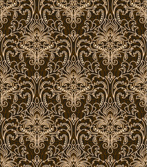 Fototapeta premium Elegant brown and gold line art damask seamless pattern. Vintage floral outline ornament perfect for luxury wallpaper and classic decor.