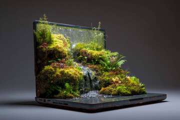 surreal miniature lush garden growing out of laptop screen symbolizing digital wellness and harmony