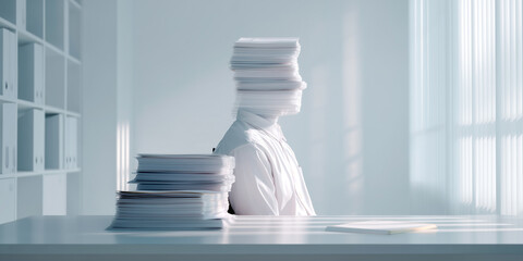 conceptual photo of person turning into office paper stacks symbolizing loss of identity in work