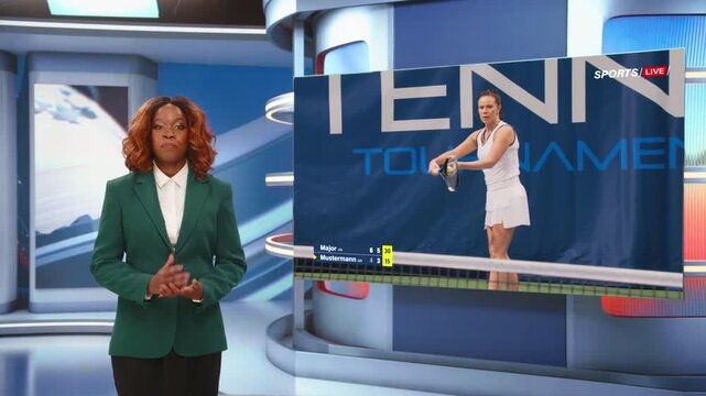 Edited Montage of Sport News Segment: Black Female Presenter Reports on a Women Tennis Tournament Final in  TV Studio. Screen Show Court Replay and Winner Moment. Screen Replacemen t Mockup Playback