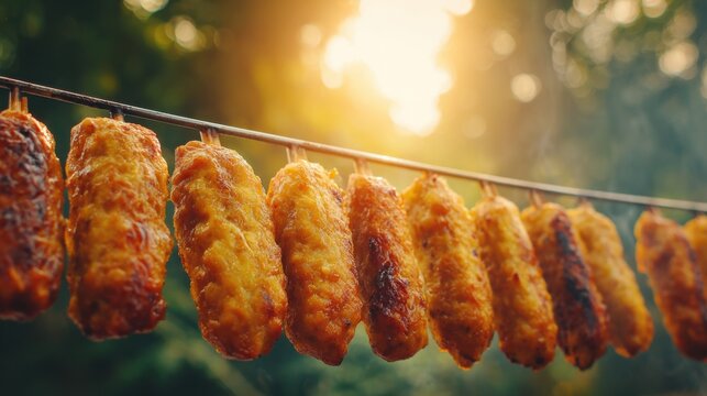 Delicious Golden Sate Lilit Minced Seafood Skewers Grilling Outdoors