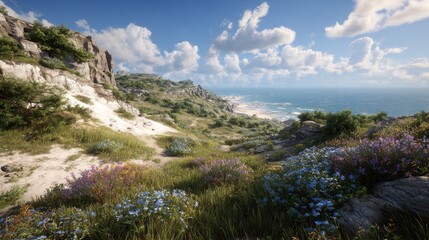 Scenic coastal landscape with colorful wildflowers on a grassy hillside overlooking the ocean and beach under a blue sky