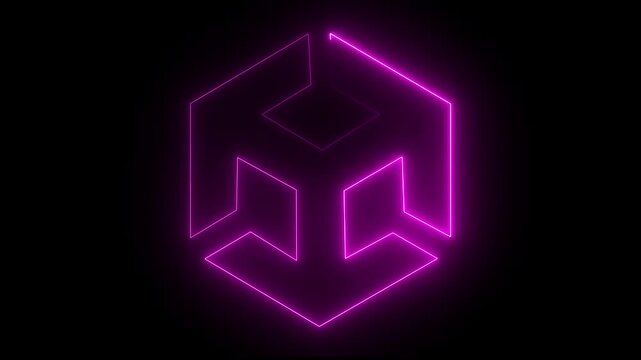 Unity icon animation by violet color on black background. 3d modeling, isometric cube with axes. BIM Technology Icon Ideal for Building Information Modeling and Architecture. 4k 
