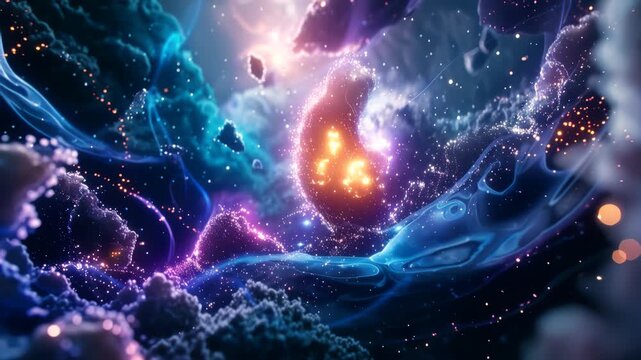 Colorful cosmic scene with swirling nebulae, glowing stars, and vibrant gas clouds creating a mesmerizing visual journey through deep space and celestial formations