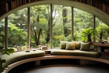 Fototapeta premium Interior reading space features a curved wooden bench and large window overlooking a green forest