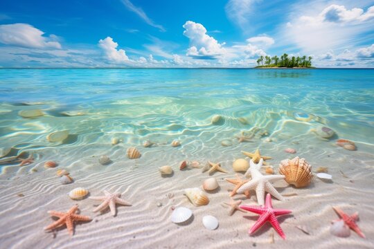 Starfish and seashells resting on the bright sand of a tropical beach with an island in the background