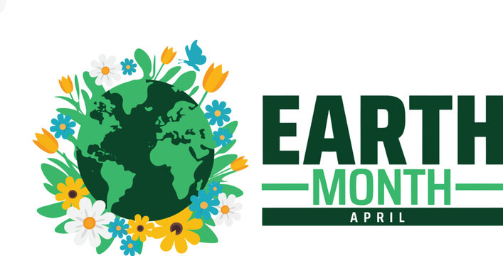 Earth Month graphic with a floral wreath around the globe and text 'Earth Month April'