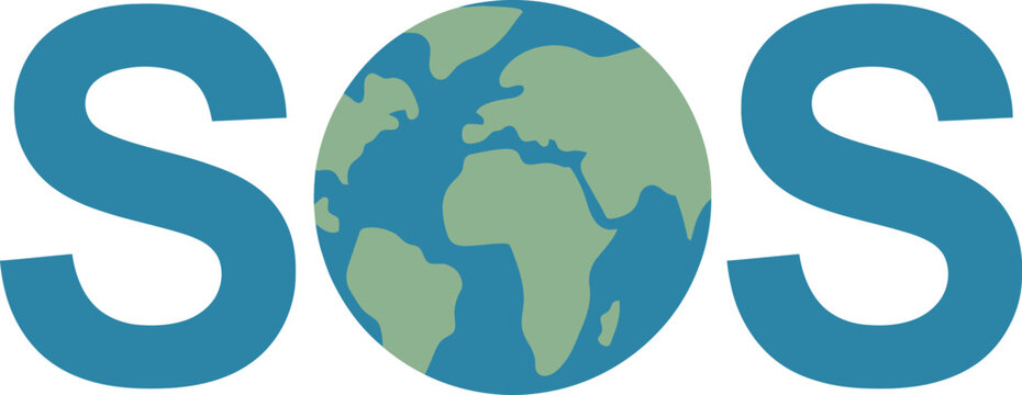 SOS message with Earth globe replacing the 'O', symbolizing environmental crisis