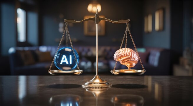 Artificial intelligence (AI) sphere and human brain on a balance scale, technology comparison concept.
