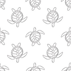 Minimal seamless ocean pattern with turtle and puffer fish, monochrome marine doodle © Iryna Matukhno