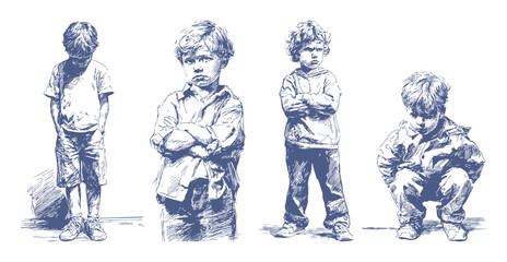 Child standing confident angry crossed arms illustration. Young boy showing stubborn and serious attitude in hand drawn pencil drawing style. Banner for behavior education.