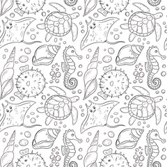 Cute seamless marine animals pattern, monochrome turtle, seahorse and puffer fish doodle © Iryna Matukhno