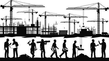 Construction site silhouettes, workers cranes building vector, infrastructure teamwork design, industrial labor art, urban development illustration - flat vector illustration