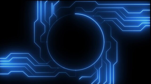 Circuit board technology, neon light conduct the electricity power .internet and networking concept. Bright neon circuit board technology with background . 4k 