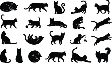 Flat vector illustration, cat silhouettes set, feline poses, sitting, walking, running, jumping, playing, stretching, sleeping, animal design, pet outline © TOMSINA