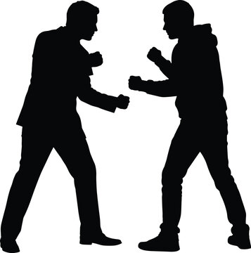 Flat vector illustration, confrontation silhouettes set, fighting stance, conflict icons, tension design, combative posture, people sketch, social outline