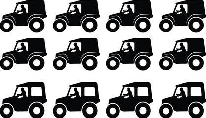 Flat vector illustration, jeep driver silhouettes set, vehicle poses, driving figures, transportation design, automotive sketch, technical drawing, off-road style, outline © TOMSINA