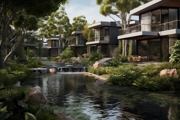 Obraz premium Contemporary homes blending into a lush green landscape with a gentle river and waterfall