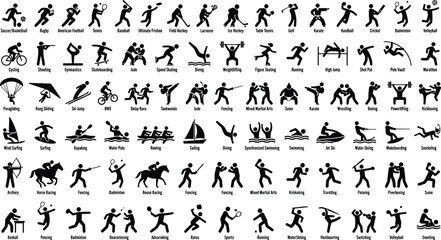 Flat vector illustration, sports pictograms set, athletic activities, soccer, basketball, tennis, rugby, baseball, swimming, cycling, martial arts, fitness icons © TOMSINA