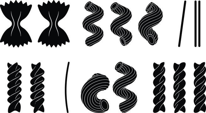 Flat vector illustration, pasta silhouettes set, bow-tie farfalle, twisted rotini, spaghetti tubes, fusilli spirals, culinary design, food sketch, outline icons