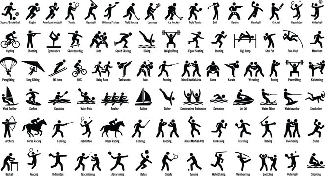 Flat vector illustration, sports pictograms set, athletic activities, soccer, basketball, tennis, rugby, baseball, swimming, cycling, martial arts, fitness icons