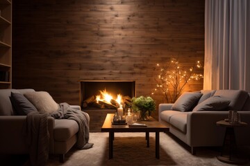 Naklejka premium Modern living room providing comfort and relaxation with burning fireplace and soft illumination