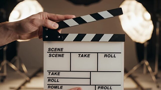 Film clapboard being held in front of stage lights.