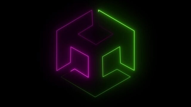 Unity icon animation by green and violet color on black background. 3d modeling, isometric cube with axes. BIM Technology Icon Ideal for Building Information Modeling and Architecture. 4k 