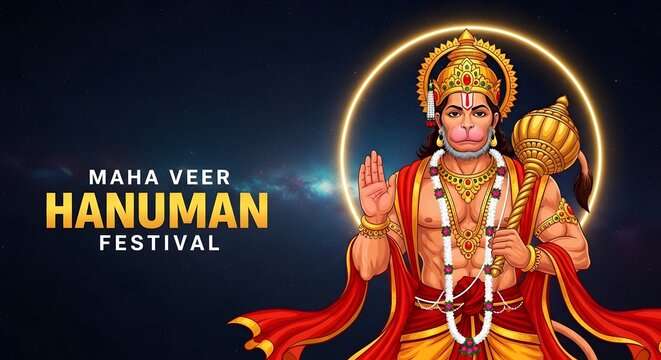 Illustration of hanuman, hindu god, with mace. Maha veer hanuman festival.