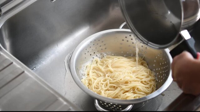 Draining spaghetti in large colander over sink