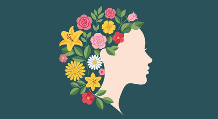 A woman's head with flowers in her hair symbolizing mental health and wellness