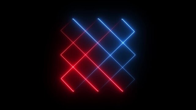 Rectangle picture frame icon animation glowing neon blue and red color screen round display box rotation retro movement seamless Glowing square neon line animation on black background.