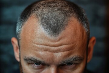 Obraz premium close-up of top of man's head with receding hairline and short gray hair, visible ears and shiny forehead, moody studio lighting conveying a contemplative, solemn mood