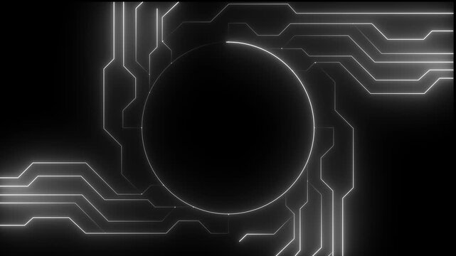 Circuit board technology, neon light conduct the electricity power .internet and networking concept. Bright neon circuit board technology with background .4k 