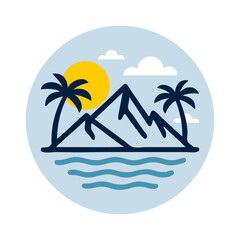 Logo agencia de viajes. Vacaciones de verano. Dibujo sencillo con líneas de un paisaje con la palma, isla, nubes, sol y olas de mar en círculo  © teracreonte