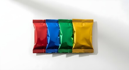 Colorful Foil Snack Packs on White Background with Soft Lighting
