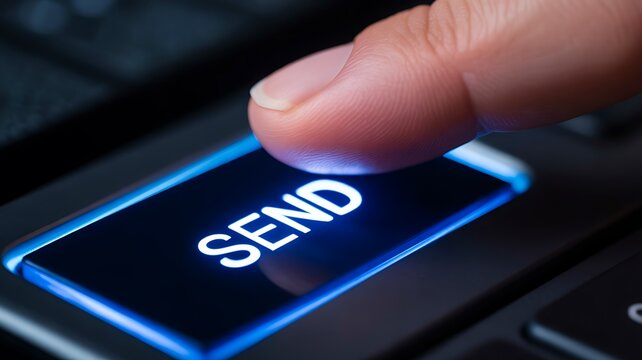 Finger pressing glowing send button on modern computer keyboard