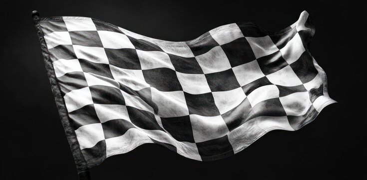 waving black and white checkered racing flag against a dark background conveying motion and triumphant victory
