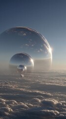 Future warfare surreal sphere cloud sky sunrise reflection above vast cloud ocean metallic orb floating in atmosphere hinting at distant conflict and hope across quiet horizon light