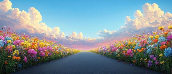 Naklejka premium Empty paved road flanked by vibrant wildflower meadows and colorful blossoms under a glowing pastel sky with fluffy clouds, evoking peaceful hopeful calm