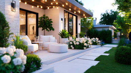 Modern Outdoor Living Space with Light Concrete Pavers and Soft Overhead String Lights
