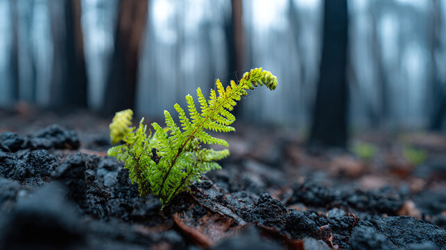 wildfire ravaged forest with green fern sprout emerging from ash soil burnt tree trunks in blurred background nature resilience plant growth survival