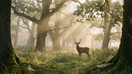 A deer stands in a serene forest with sunlight filtering through the trees