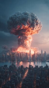 Nuclear explosion mushroom cloud city skyline fire smoke apocalypse warfare future scene with towering plume above waterfront metropolis glowing embers dark storm sky