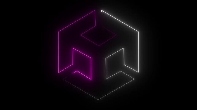 Unity icon animation by white and pink color on black background. 3d modeling, isometric cube with axes. BIM Technology Icon Ideal for Building Information Modeling and Architecture. 4k 