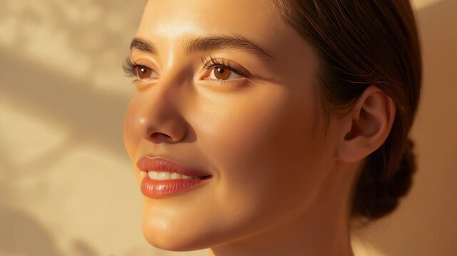Shifting sunlight causing adult woman opening eyes and smiling for beauty ad with patterned shadow