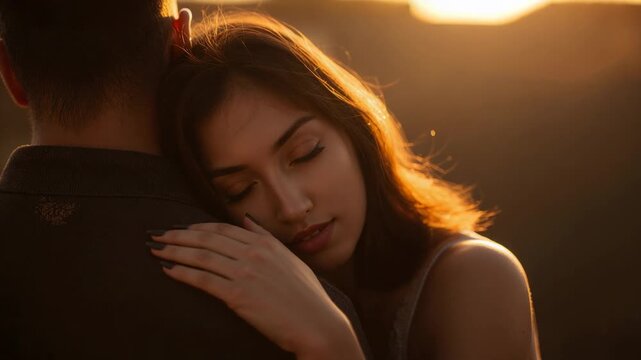 Leaning Asian woman resting head on partner during sunset, seeking comfort, showing sleeveless top