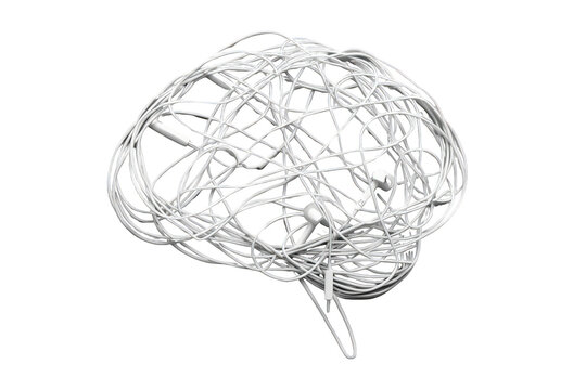 Tangled white earphone cables forming a human brain shape, symbolizing complex thoughts, mental health, and creative ideas